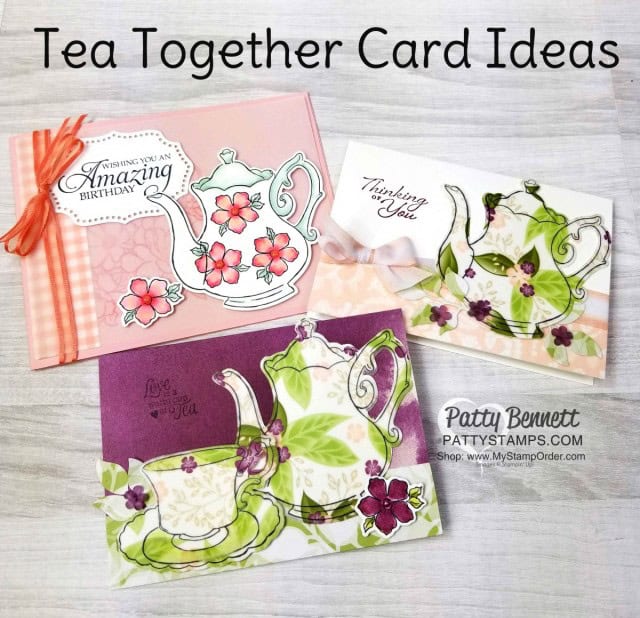 Stampin' UP! Tea Together Note Card idea and video tutorial by Patty Bennett. Card also features Lovely Lattice stamp background, with Tea Time framelits and Stampin' Blends markers. www.PattyStamps.com