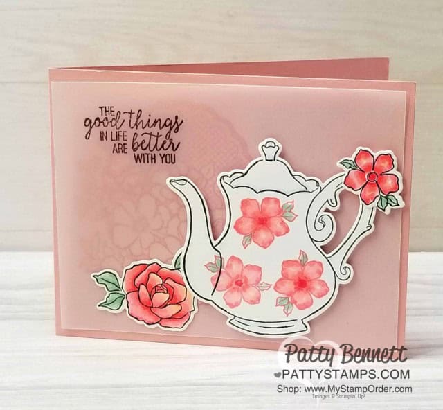 Stampin' UP! Tea Together Note Card idea and video tutorial by Patty Bennett. Card also features Lovely Lattice stamp background, with Tea Time framelits and Stampin' Blends markers. www.PattyStamps.com