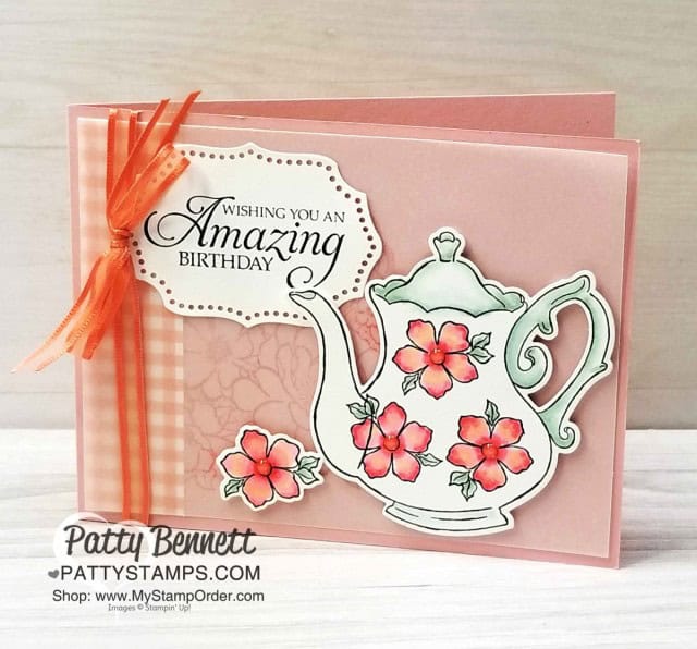 Stampin' UP! Tea Together Note Card idea and video tutorial by Patty Bennett. Card also features Lovely Lattice stamp background, with Tea Time framelits and Stampin' Blends markers. www.PattyStamps.com