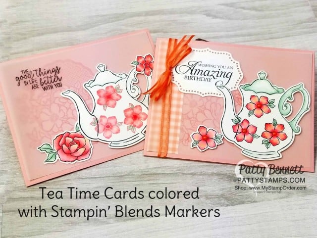 Stampin' UP! Tea Together Note Card idea and video tutorial by Patty Bennett. Card also features Lovely Lattice stamp background, with Tea Time framelits and Stampin' Blends markers. www.PattyStamps.com