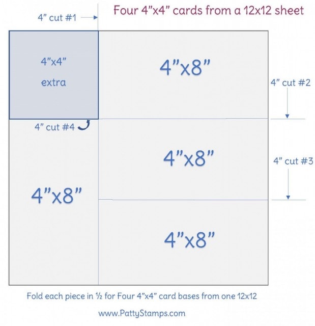 How to cut a 12x12 into four 4x4 card bases. Pattern by Patty