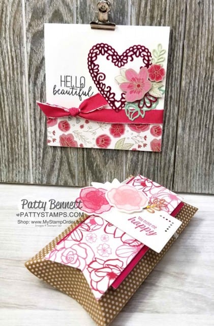Stampin' UP! Be Mine Stitched Heart framelits with Lovely Flowers edgelit dies and All My Love designer paper card and pillow box idea perfect for Valentine's Day. Patty Bennett www.PattyStamps.com