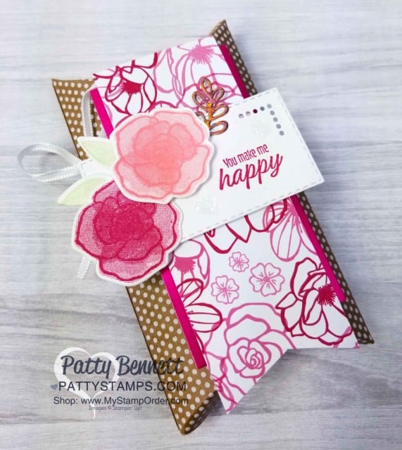 Stampin' UP! Be Mine Stitched Heart framelits with Lovely Flowers edgelit dies and All My Love designer paper pillow box idea perfect for Valentine's Day. by Kurstan del Rosario. www.PattyStamps.com