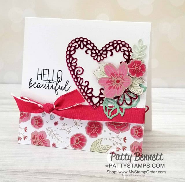 Stampin' UP! Be Mine Stitched Heart framelits with Lovely Flowers edgelit dies and All My Love designer paper card idea by Patty Bennett www.PattyStamps.com