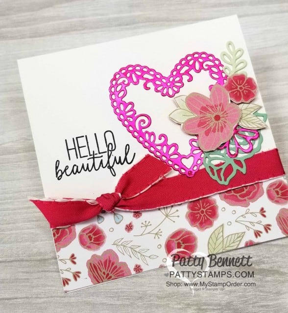 Stampin' UP! Be Mine Stitched Heart framelits with Lovely Flowers edgelit dies and All My Love designer paper card idea by Patty Bennett www.PattyStamps.com