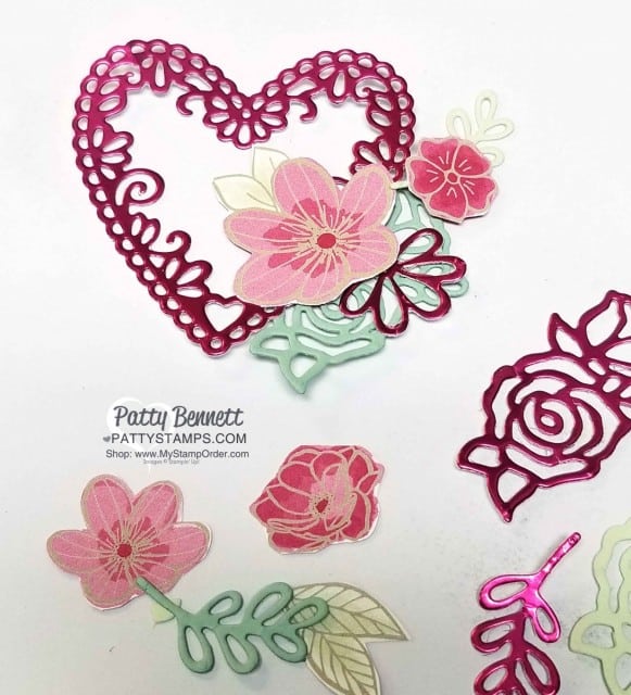 Stampin' UP! Be Mine Stitched Heart framelits with Lovely Flowers edgelit dies and All My Love designer paper card idea by Patty Bennett www.PattyStamps.com