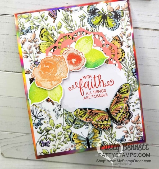 Handmade card featuring Stampin' UP! Sale-a-Bration 2019 papers: Grapefruit Grove Foil and Botanical Butterfly. Each one is a free gift choice with your $50 online order - limited time offer! www.PattyStamps.com