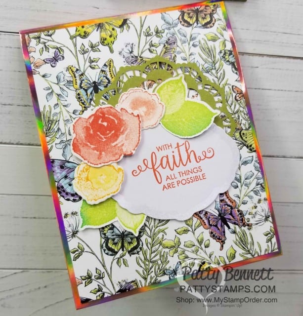 Handmade card featuring Stampin' UP! Sale-a-Bration 2019 papers: Grapefruit Grove Foil and Botanical Butterfly. Each one is a free gift choice with your $50 online order - limited time offer! www.PattyStamps.com