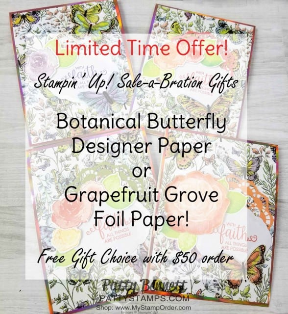 Handmade card featuring Stampin' UP! First Frost set and Healing Hugs stamp set and Sale-a-Bration 2019 papers: Grapefruit Grove Foil and Botanical Butterfly. Each one is a free gift choice with your $50 online order - limited time offer! www.PattyStamps.com