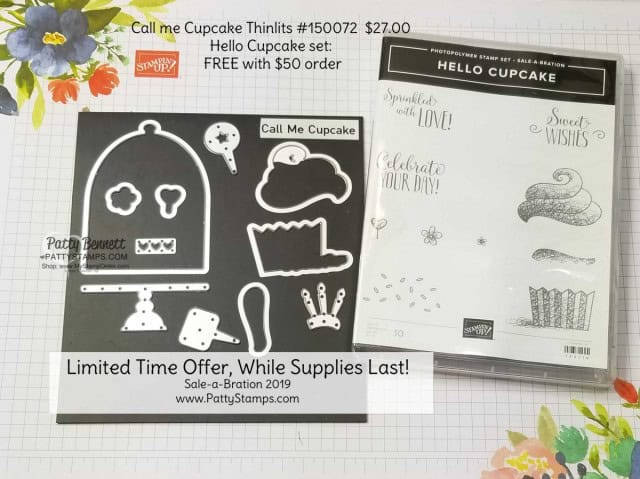 Call Me Cupcake framelits and Hello Cupcake stamp set - limited time offer Stampin' UP! Sale-a-Bration 2019. www.PattyStamps.com