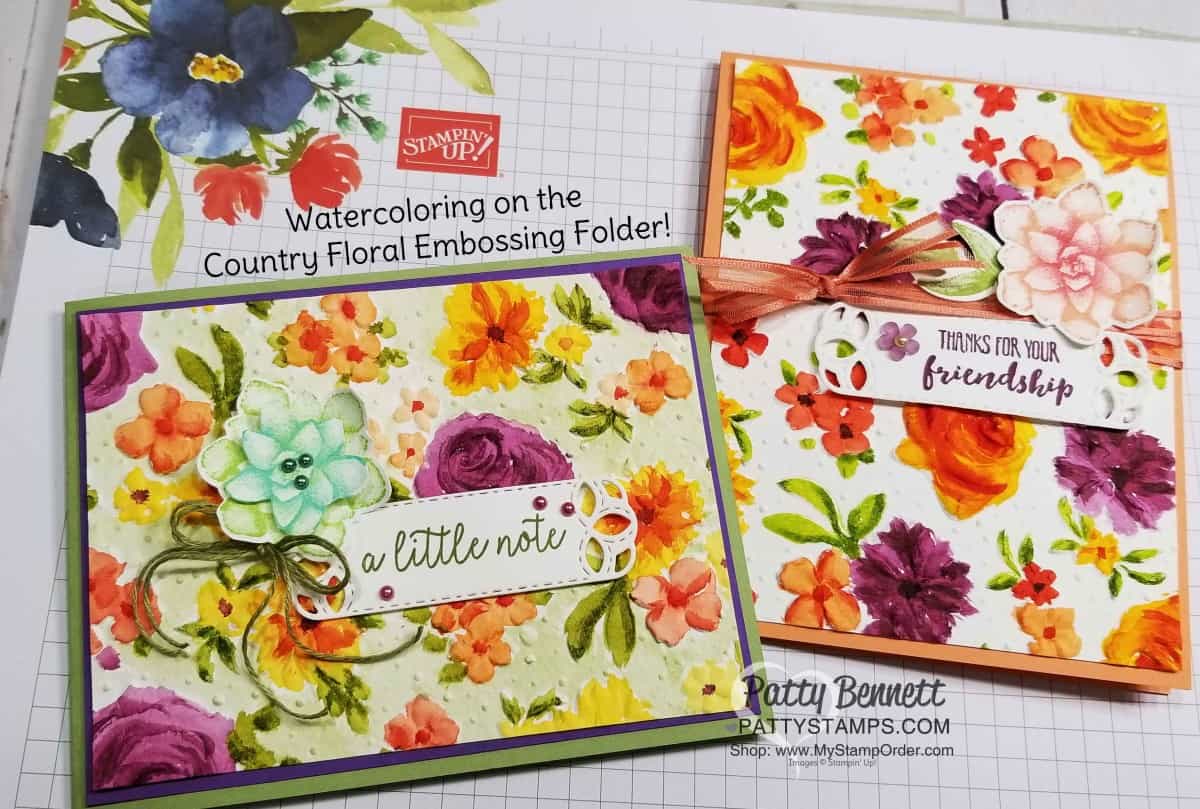 Watercoloring on embossed paper with the Country Floral Embossing Folder from Stampin' UP! Limited time offer Sale-a-Bration 2019. Patty Bennett www.PattyStamps.com