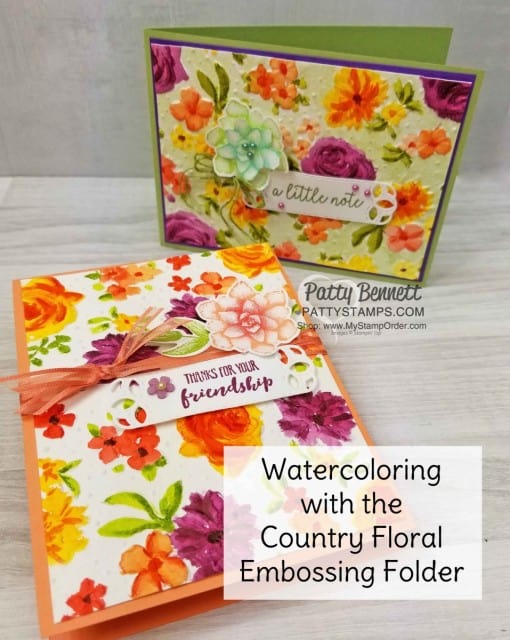 Watercoloring on embossed paper with the Country Floral Embossing Folder from Stampin' UP! Limited time offer Sale-a-Bration 2019. Patty Bennett www.PattyStamps.com