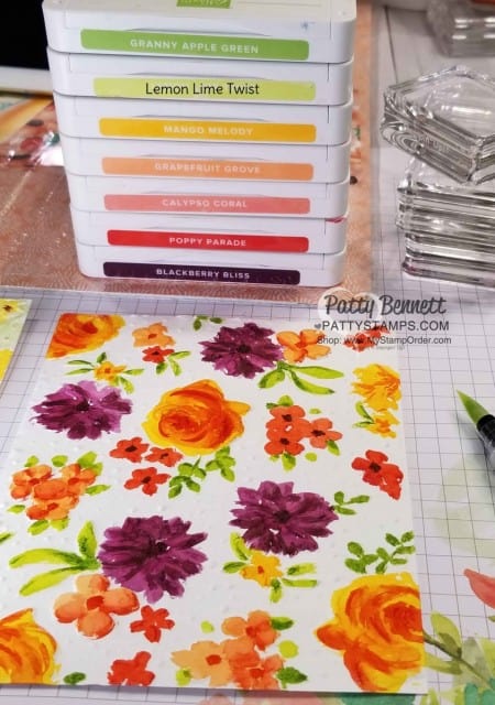 Watercoloring on embossed paper with the Country Floral Embossing Folder from Stampin' UP! Limited time offer Sale-a-Bration 2019. Color Combo by Patty Bennett www.PattyStamps.com