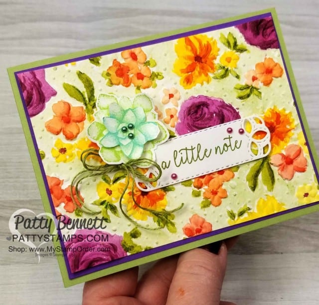 Watercoloring on embossed paper with the Country Floral Embossing Folder from Stampin' UP! Limited time offer Sale-a-Bration 2019. Patty Bennett www.PattyStamps.com