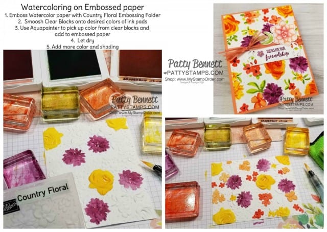 How To: Watercoloring on embossed paper with the Country Floral Embossing Folder from Stampin' UP! Limited time offer Sale-a-Bration 2019. by Patty Bennett www.PattyStamps.com