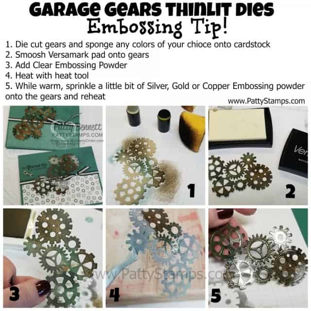 Embossing Tips for Stampin UP! Classic Garage Suite masculine card idea with Embossed Garage Gears. www.PattyStamps.com