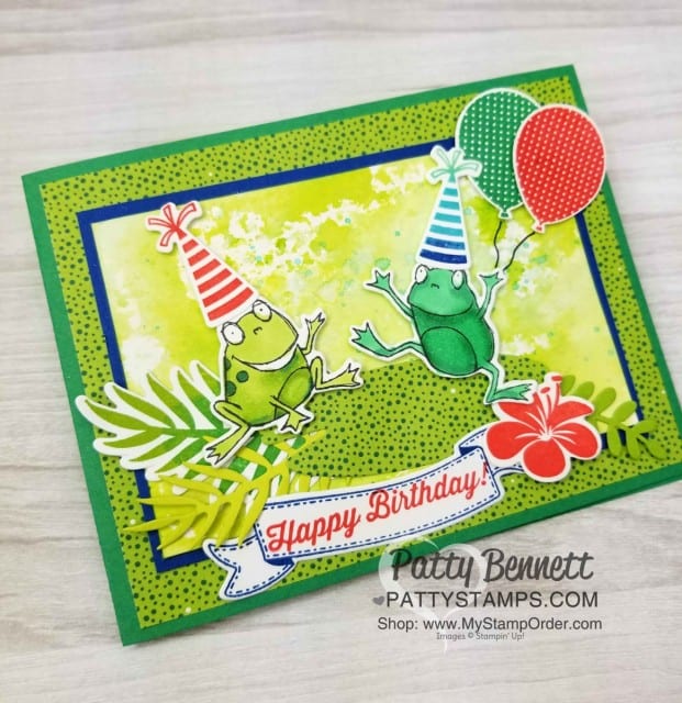 Stampin' UP! So Hoppy Together stamp set and matching Hop Around framelit dies for the Big Shot. Limited time offer! March 2019. Frog Birthday Party Card idea with Tropical Chic paper and bundle by Patty Bennett www.PattyStamps.com
