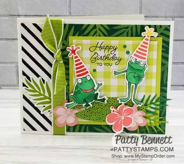 Stampin' UP! So Hoppy Together stamp set and matching Hop Around framelit dies for the Big Shot. Limited time offer! March 2019. Frog Birthday Party Card idea with Tropical Chic paper and bundle by Patty Bennett www.PattyStamps.com