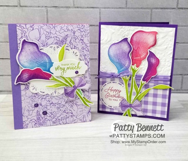 Stampin' Up! Sale-a-Bration Lasting Lily stamp set and matching Lily framelits! Card ideas by Patty Bennett. Limited time offer - March 2019 www.PattyStamps.com