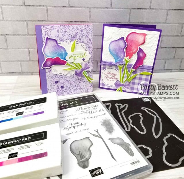 Stampin' Up! Sale-a-Bration Lasting Lily stamp set and matching Lily framelits! Card ideas by Patty Bennett. Limited time offer - March 2019 www.PattyStamps.com
