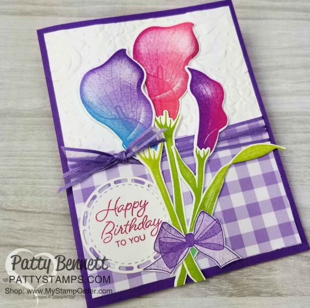 Birthday Card idea featuring Stampin' Up! Sale-a-Bration Lasting Lily stamp set and matching Lily framelits featuring Spectrum Rainbow pads! Card ideas by Patty Bennett. Limited time offer - March 2019 www.PattyStamps.com