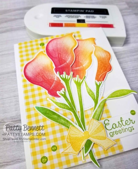 Easter Card featuring Stampin' Up! Sale-a-Bration Lasting Lily stamp set and matching Lily framelits featuring Spectrum Rainbow pads! Card ideas by Patty Bennett. Limited time offer - March 2019 www.PattyStamps.com