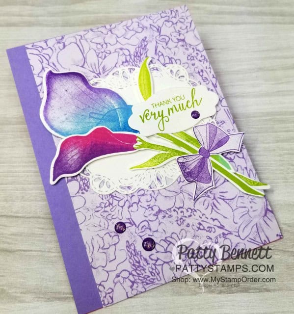 Thank you card featuring Stampin' Up! Sale-a-Bration Lasting Lily stamp set and matching Lily framelits featuring Spectrum Rainbow pads! Card ideas by Patty Bennett. Limited time offer - March 2019 www.PattyStamps.com