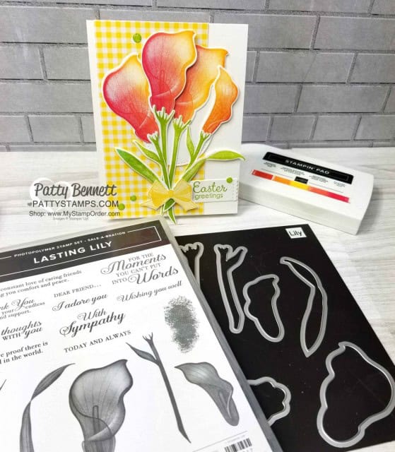 Easter Card featuring Stampin' Up! Sale-a-Bration Lasting Lily stamp set and matching Lily framelits featuring Spectrum Rainbow pads! Card ideas by Patty Bennett. Limited time offer - March 2019 www.PattyStamps.com