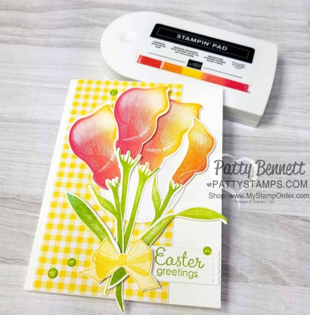 Easter Card featuring Stampin' Up! Sale-a-Bration Lasting Lily stamp set and matching Lily framelits featuring Spectrum Rainbow pads! Card ideas by Patty Bennett. Limited time offer - March 2019 www.PattyStamps.com