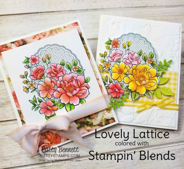 Stampin' UP! Sale-a-Bration Lovely Lattice stamp set colored with Stampin' Blends. Card idea featuring Petal Promenade Designer Paper and Gingham Gala paper by Patty Bennett www.PattyStamps.com