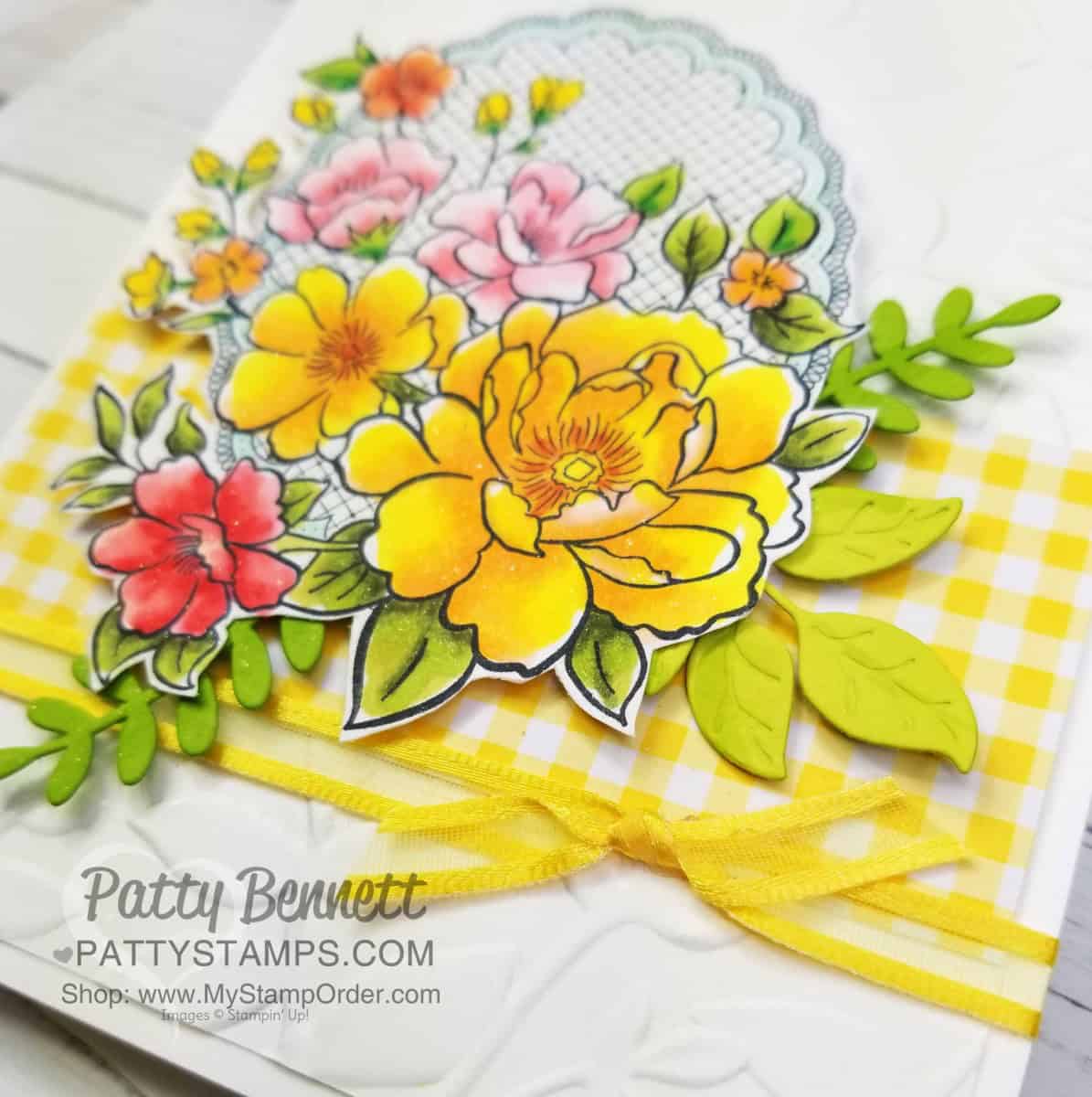 Stampin' UP! Sale-a-Bration Lovely Lattice stamp set colored with Stampin' Blends. Card idea featuring Gingham Gala paper and Layered Leaves embossing folder by Patty Bennett www.PattyStamps.com