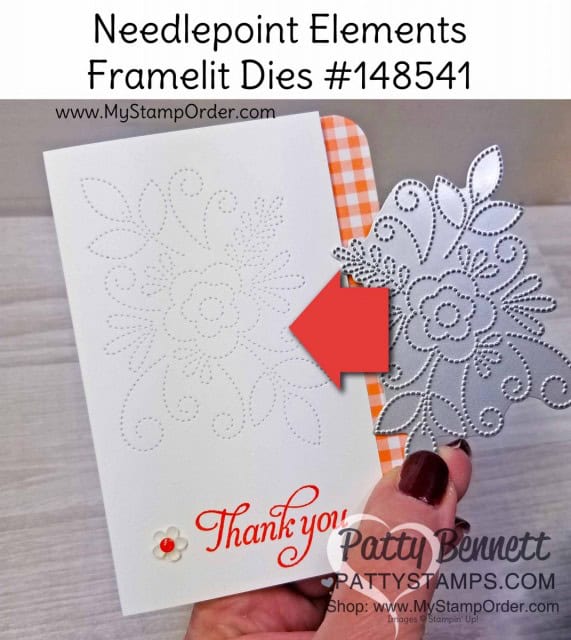 Stampin' UP! Needlepoint Elements Framelit dies note card idea featuring Gingham Gala Grapefruit Grove designer paper and Frosted Elements flowers. www.PattyStamps.com