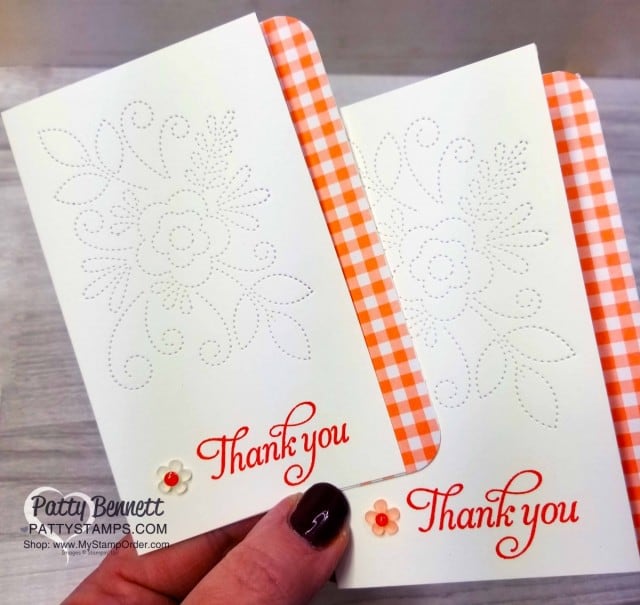 Stampin' UP! Needlepoint Elements Framelit dies note card idea featuring Gingham Gala Grapefruit Grove designer paper and Frosted Elements flowers. www.PattyStamps.com