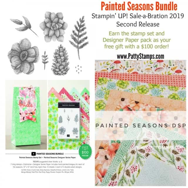 Stampin' Up! Painted Season Sale-a-Bration Second Release bundle gift -Stamp set and designer paper bundle. Shop with Patty Bennett www.PattyStamps.com
