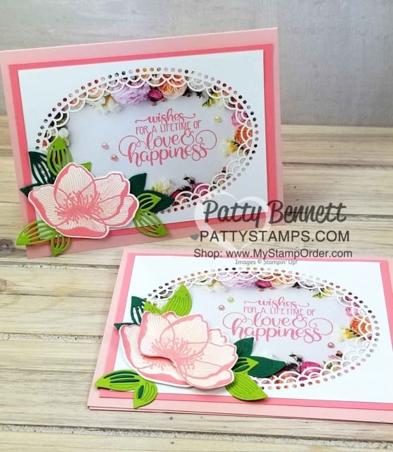 Stampin' UP! Petal Promenade paper and Delightfully Detailed Laser Cut paper card idea by Patty Bennett www.PattyStamps.com