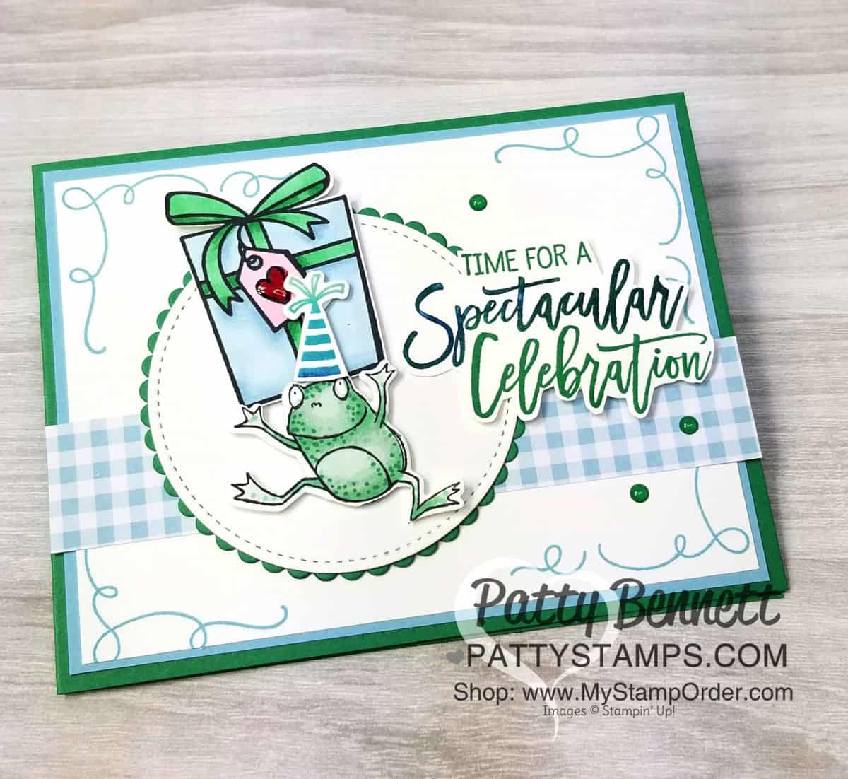 Stampin' UP! So Hoppy Together froggy birthday card idea featuring Sale-a-Bration free stamp set, and coordinating Hop Around framelit dies. Colored with Stampin' Blends markers, by Patty Bennett, www.PattyStamps.com