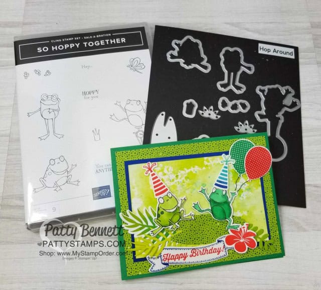 Stampin' UP! So Hoppy Together stamp set and matching Hop Around framelit dies for the Big Shot. Limited time offer! March 2019. Frog Birthday Party Card idea with Tropical Chic paper and bundle by Patty Bennett www.PattyStamps.com