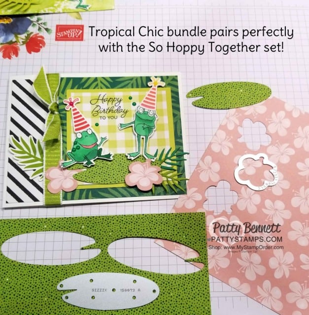 Stampin' UP! So Hoppy Together stamp set and matching Hop Around framelit dies for the Big Shot. Limited time offer! March 2019. Frog Birthday Party Card idea with Tropical Chic paper and bundle by Patty Bennett www.PattyStamps.com