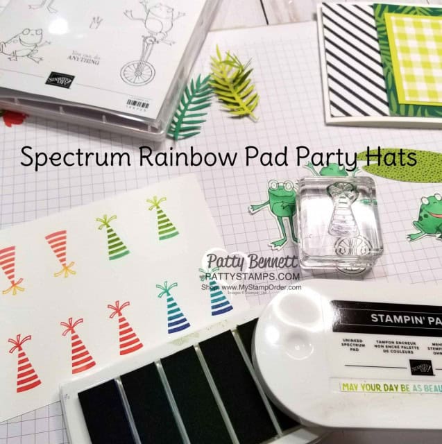 Stampin' UP! So Hoppy Together stamp set and matching Hop Around framelit dies for the Big Shot. Limited time offer! March 2019. Frog Party Hats stamped with Spectrum Rainbow pad, by Patty Bennett www.PattyStamps.com
