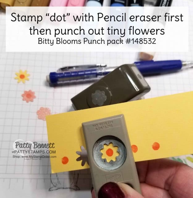 Craft Tip for Bitty Blooms mini flower punch: "stamp" a dot with a pencil eraser and ink pad on cardstock or paper, THEN punch small flower around the dot. www.PattyStamps.com