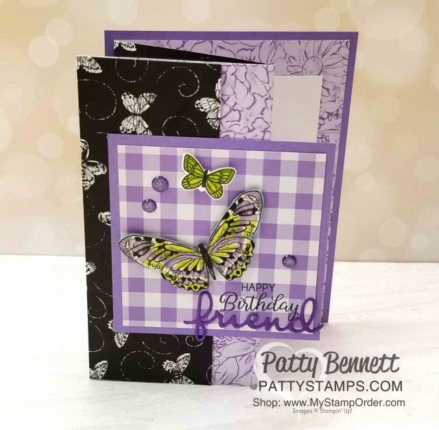 Designer Series Paper Fun Fold Card featuring Botanical Butterfly Sale-a-Bration paper. check out www.PattyStamps.com for details!