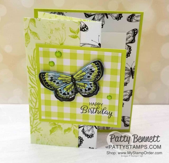 Designer Series Paper Fun Fold Card featuring Botanical Butterfly Sale-a-Bration paper. check out www.PattyStamps.com for details!