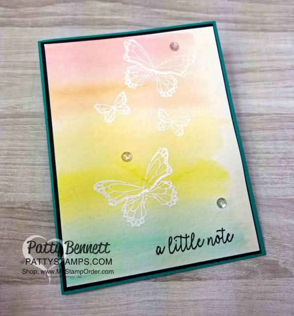 Butterfly Gala stamp set card with Watercolor Wash background. Stampin' Up! papercrafting supplies. www.PattyStamps.com