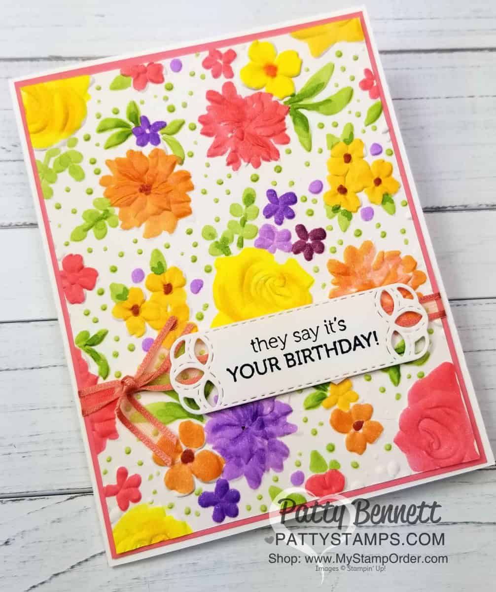 Color the Country Floral Embossing Folder image with Stampin' Blends markers! Birthday Card idea featuring the Sale-a-Bration limited-time offer embossing folder. www.Pattystamps.com