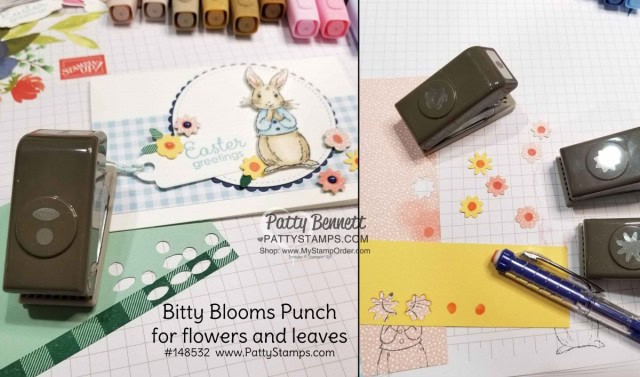 Stampin' UP! Fable Friends Easter Card idea - Bitty Blooms Punch pack and Stampin' Blends coloring. Patty Bennett www.PattyStamps.com