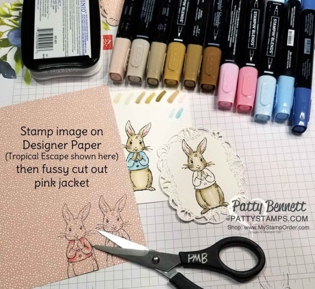 Stampin' UP! Fable Friends Spring Card idea - Tropical Escape designer paper and Stampin' Blends coloring. Patty Bennett www.PattyStamps.com