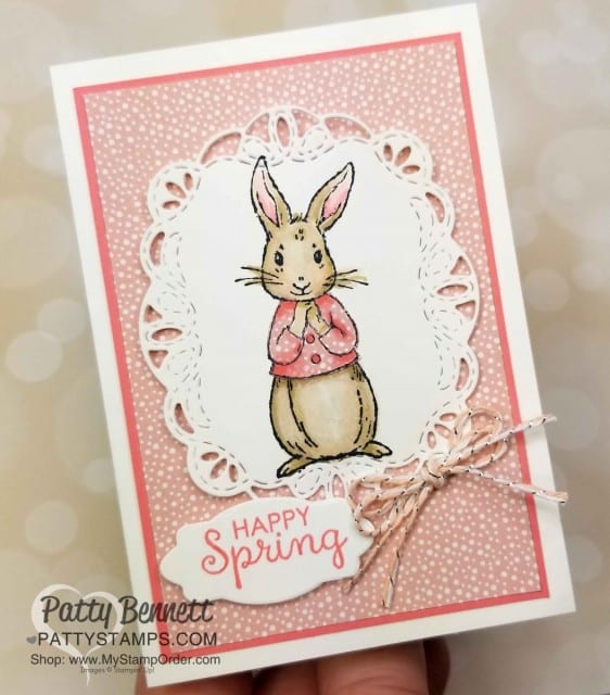 Stampin' UP! Fable Friends Spring Card idea - Tropical Escape designer paper and Stampin' Blends coloring. Patty Bennett www.PattyStamps.com