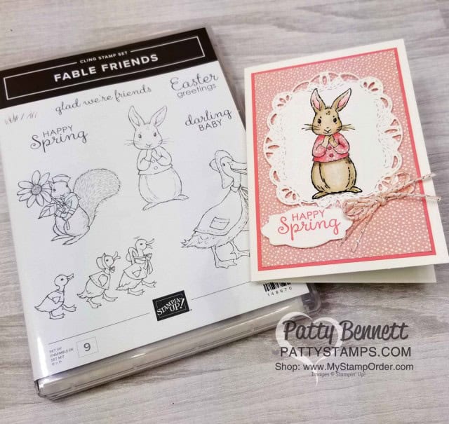 Stampin' UP! Fable Friends Spring Card idea - Tropical Escape designer paper and Stampin' Blends coloring. Patty Bennett www.PattyStamps.com