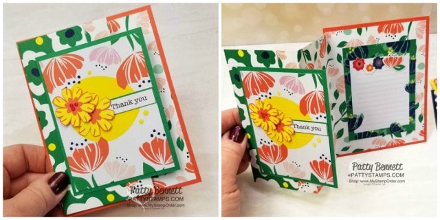 Happiness Blooms designer paper fun fold card idea featuring Stampin' Up! card making supplies and Memories & More cards, by Patty Bennett, www.PattyStamps.com