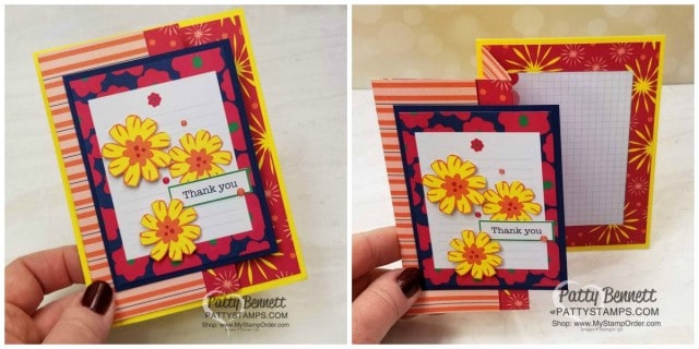 Happiness Blooms designer paper fun fold card idea featuring Stampin' Up! card making supplies and Memories & More cards, by Patty Bennett, www.PattyStamps.com